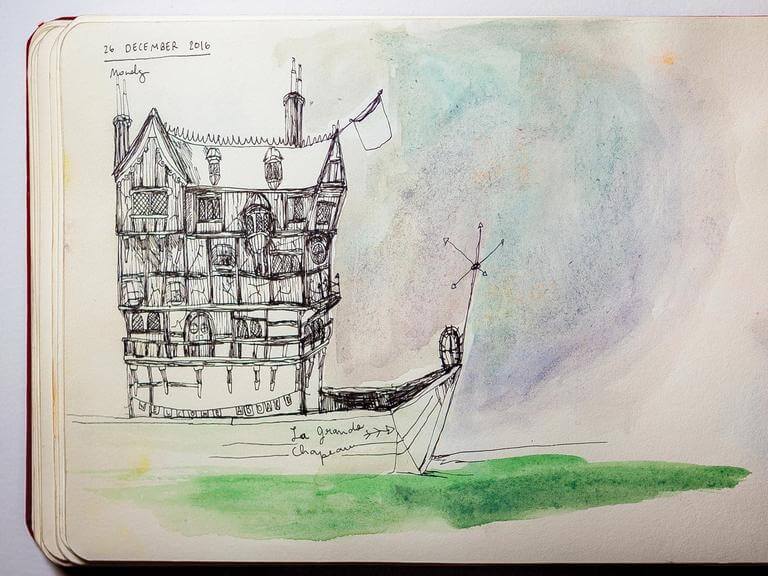 A watercolor sketch of a fantastical house-boat from Nourie's notebook