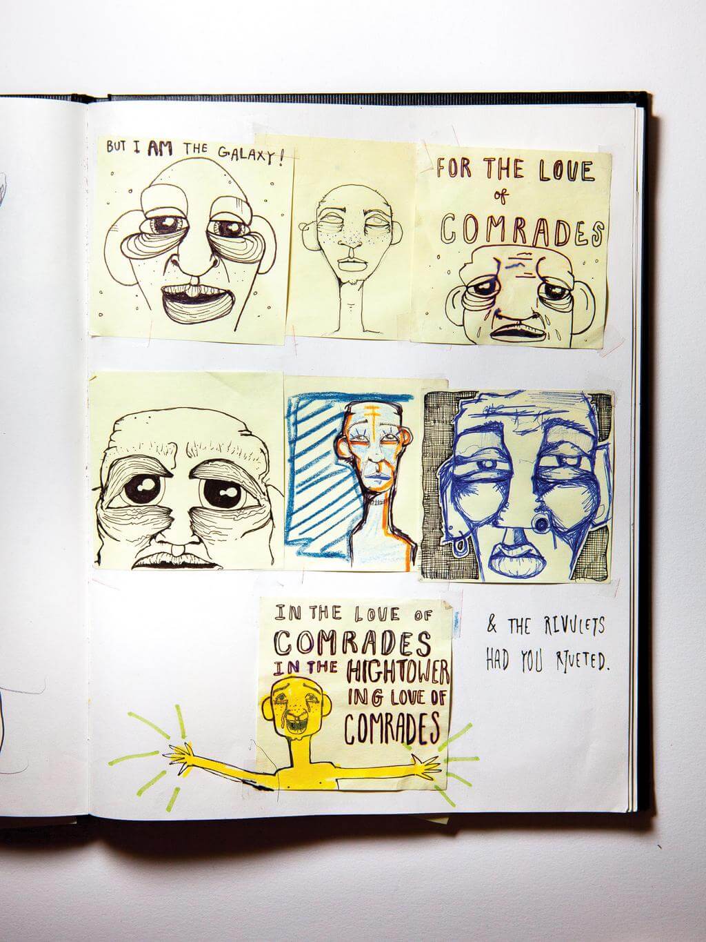 A page of Post-It notes from the notebook of Olivia Lindsay. Statuesque, exaggerated characters on the Post-Its float through star fields and empty space.