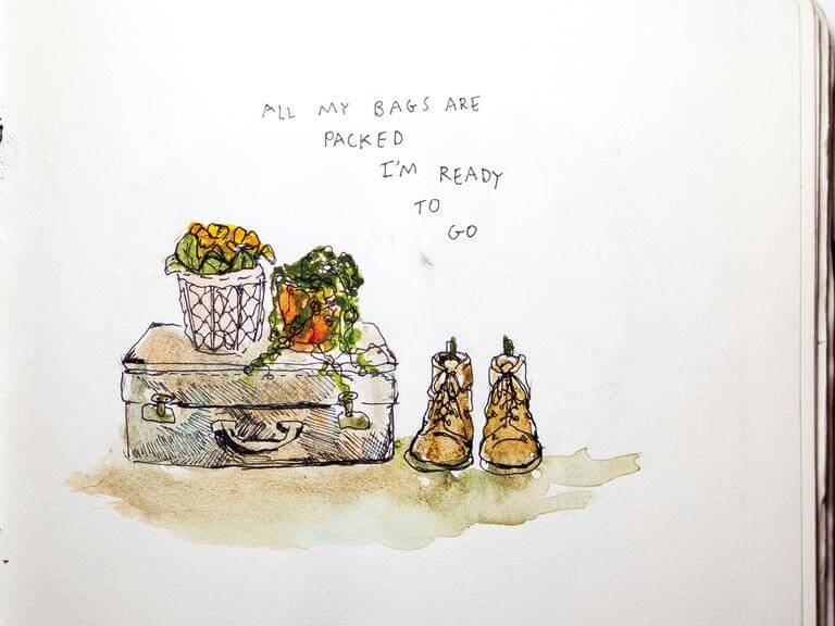 Another small watercolor sketch by Nourie, this one a still-life of a suitcase, boots, and two potted plants. Next to illustration, Nourie has written: "All my bags are packed I'm ready to go."