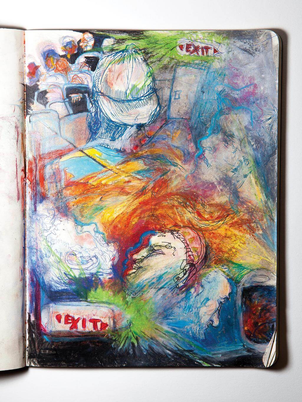 A colorful sketch from the notebook of Ellie Manos. Bright red EXIT signs, streaks of fire, and a chaotic crowd of faces imply a plane crash.