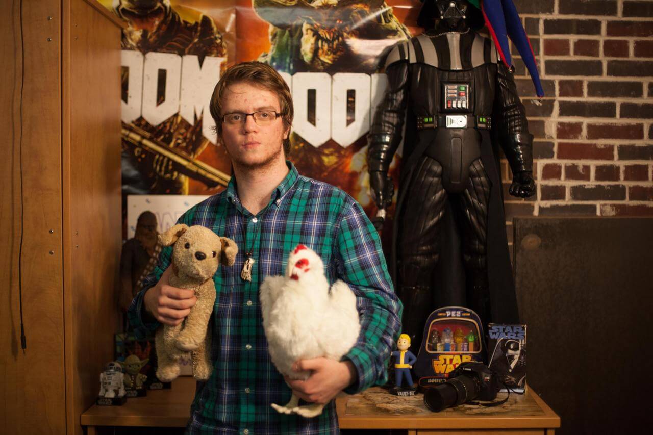 Jerry Kean holds his trusty stuffed animals, Toffee and Mr. McChicken